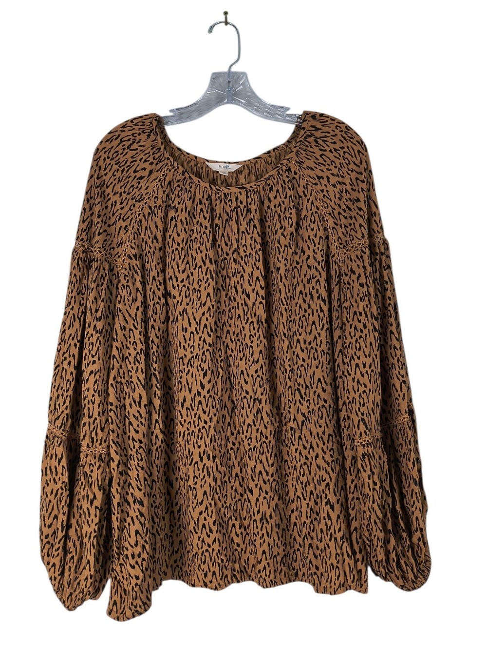 Terra & Sky Balloon Sleeve Top Women's 2X Brown Black Leopard Print Long Sleeve